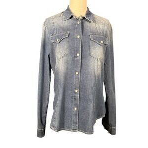 Please Womens Blue Denim Western Snap Button Long Sleeve Italian Medium